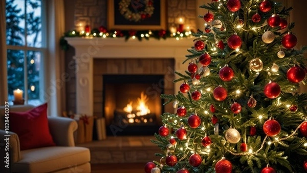 Fototapeta A warm and inviting living room features a beautifully decorated Christmas tree and a glowing fireplace, creating a cozy holiday atmosphere perfect for celebrations.