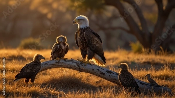 Fototapeta A majestic eagle family gathered on a branch surrounded by warm, golden light. Capturing nature's beauty and wildlife interaction in a serene natural setting.