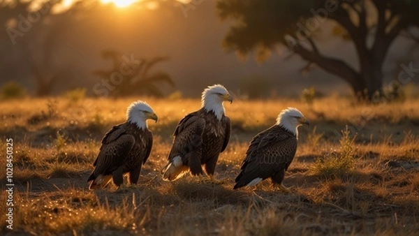 Fototapeta A majestic eagle family gathered on a branch surrounded by warm, golden light. Capturing nature's beauty and wildlife interaction in a serene natural setting.