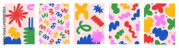 Fototapeta Abstract retro set colorful backgrounds with naive playful shapes on a light background. Trendy vector illustration