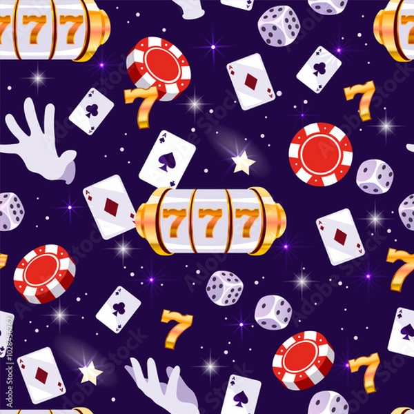 Obraz Casino pattern. Seamless colorful background. Roulette, chips, dice and cards. Vector illustration.