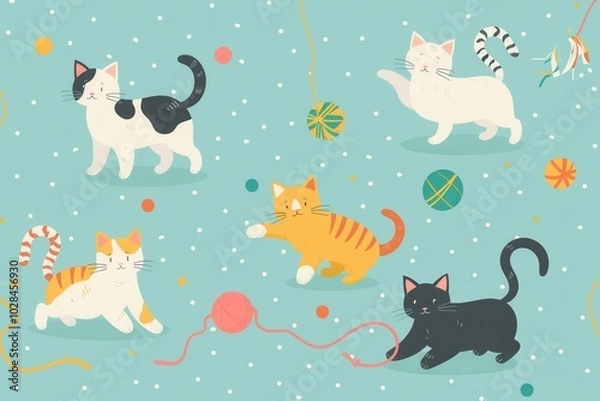 Obraz A group of joyful cats are energetically playing with yarn, colorful balls, and each other in a bright setting. Generative AI