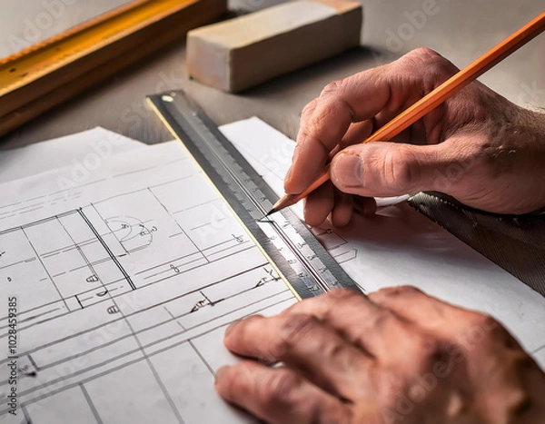 Fototapeta Close up de las manos de un dibujante arquitecto dibujando sobre un plano de arquitectura