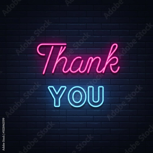 Fototapeta A vibrant "Thank You" glowing in pink and blue neon lights, set against a dark brick wall background, creating a modern and striking effect