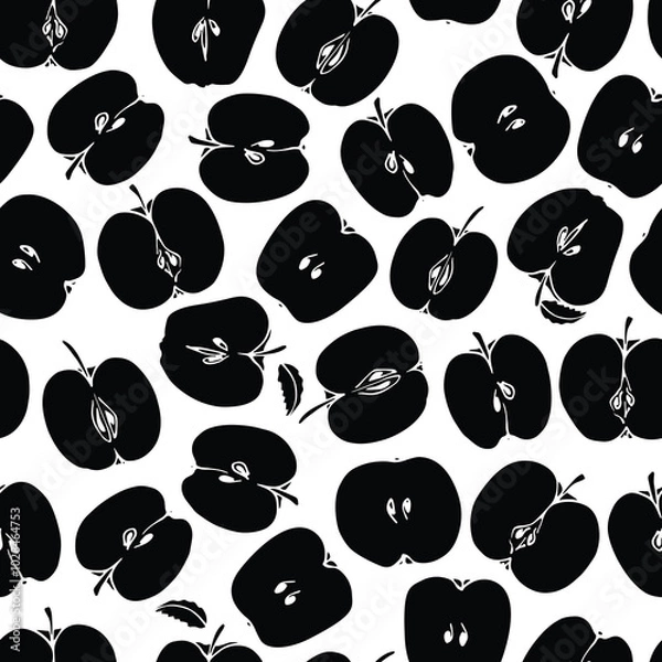 Fototapeta Vector seamless pattern with hand drawn apple halves. Ink drawing, graphic style. Vegetarian and healthy food illustration. Beautiful seasonal fruit design elements, perfect for prints and patterns