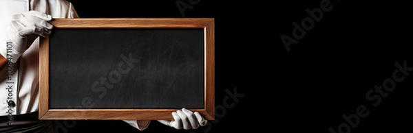 Fototapeta Close-up of the white gloved hands of a chef or a waiter, holding an empty blackboard with wooden frame and copy space, isolated on black background. Template for a restaurant menu. Generative Ai.