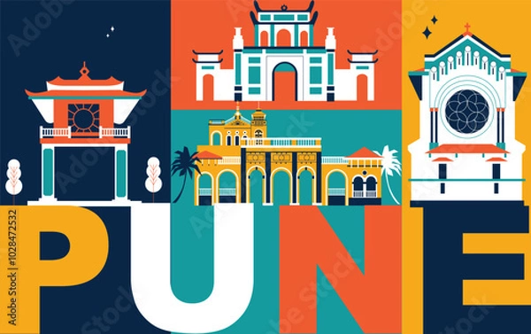 Obraz Pune culture travel set, Indian famous architectures and specialties in flat design. Business travel and tourism concept clipart. Image for presentation, banner, website, advert, flyer, roadmap