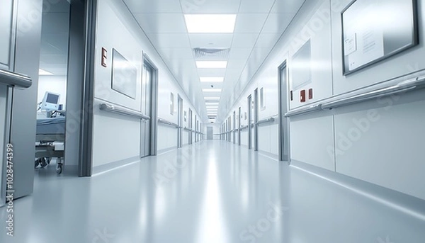 Fototapeta Advanced care emphasized in a modern hospital corridor with soft, ambient lighting.