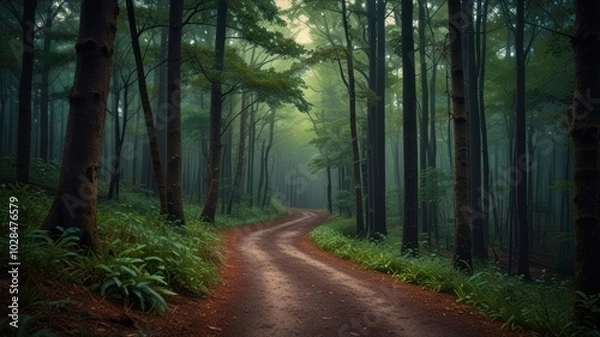 Fototapeta A winding dirt road leads through a dense, misty forest, sunlight filtering through the trees creating a mysterious and inviting atmosphere.