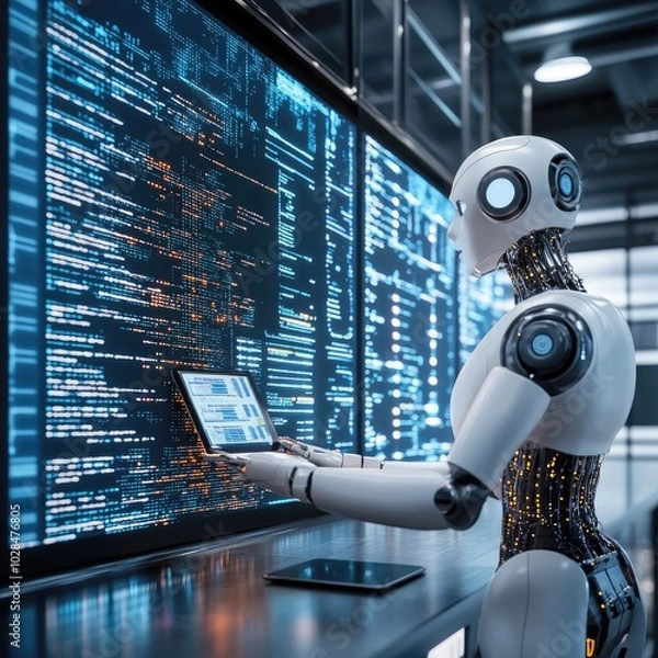 Fototapeta Futuristic robot, technology background, coding display, AI working, digital screen, modern workspace, high tech lab