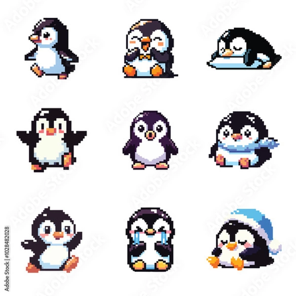 Fototapeta set collection cute mascot 8bit pixel art penguin vector