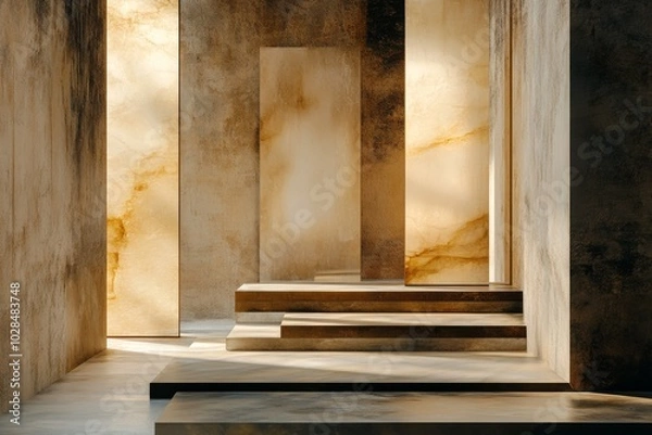 Fototapeta A serene modern interior with warm golden hues and minimalistic pillars casting soft shadows.