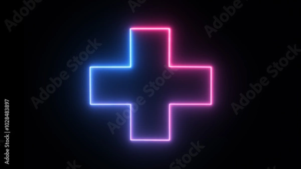 Obraz Abstract neon medical cross icon animation, neon plus sign icon, Plus neon sign. Computer generated 3d render, Neon Glowing Plus Symbol on Black Background.