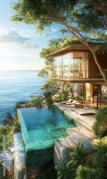 Obraz Modern house with infinity pool overlooking ocean.
