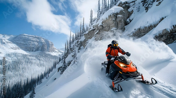 Fototapeta A snowmobile rider navigating a steep ravine with snow cascading down from the ridges above.
