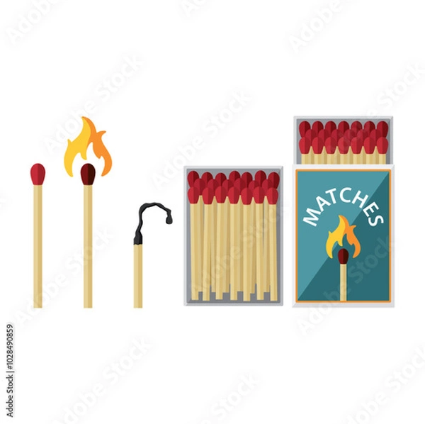 Fototapeta A color match set. Matches in a box, a match, a burning match, a burnt match. Vector illustration for design and web.