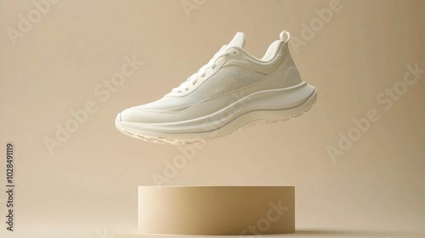 Fototapeta A floating pair of elegant white sneakers displayed on a beige base, highlighting their modern design and sleek look for a stylish footwear option.