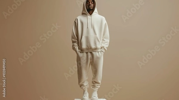 Fototapeta An African male model stands confidently in a stylish beige hoodie and joggers on a light brown backdrop, showcasing a contemporary casual look.