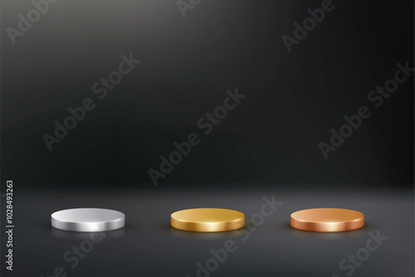 Fototapeta Gold, silver, bronze podiums for awards or product display vector illustration set. Empty 3d metal stages on black background. Luxury elegant platforms for cosmetics presentation, ceremony pedestals.