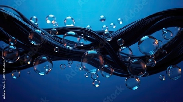 Fototapeta Bubbles with black hair, 3D Collagen serum, and vitamin hyaluronic acid skin care solution background, Close-Up of Bubbles on Curved Black Fibers with Gradient Orange Light