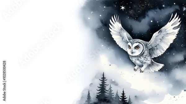 Fototapeta A Snowy Owl's Midnight Flight: A captivating watercolor painting of a snowy owl soaring through a starlit night sky. Halloween. Drawing. Art. Illustration. Copy Space. 3