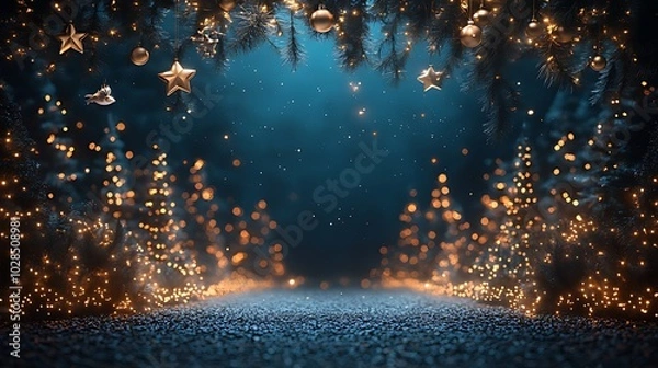 Fototapeta A magical Christmas scene with twinkling lights and a dark, snowy forest backdrop.