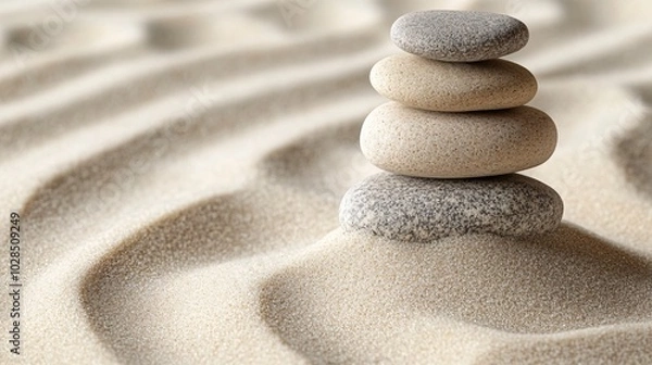 Fototapeta 2410_105.close-up view of a rock stack in a zen sand garden, with delicate, curved rake lines in the sand, the natural, soft textures of the stones contrasting with the fine grains of sand, evoking