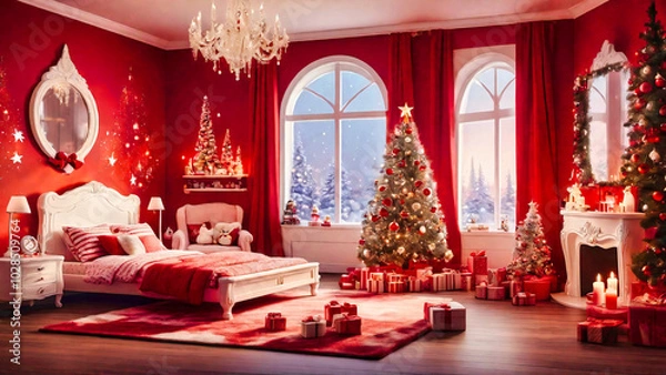 Obraz クリスマスツリーが飾られた赤い部屋