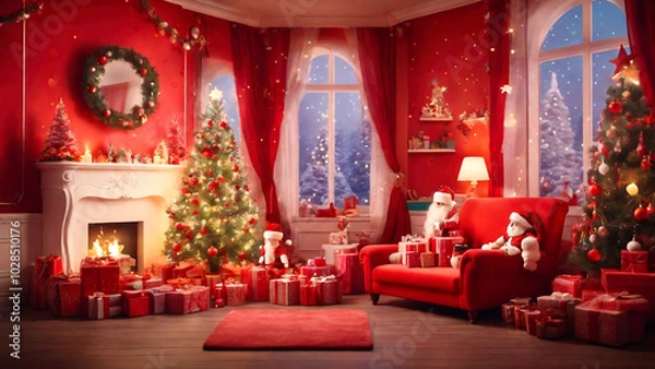 Obraz クリスマスツリーが飾られた赤い部屋