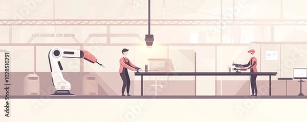 Fototapeta A modern factory scene showing robot workers and humans collaborating in an assembly line, showcasing automation and innovation.