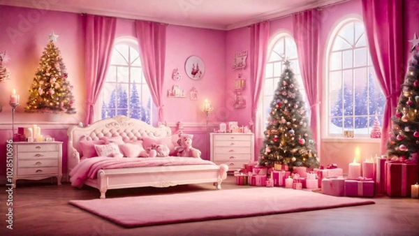 Obraz クリスマスツリーが飾られたピンクの部屋