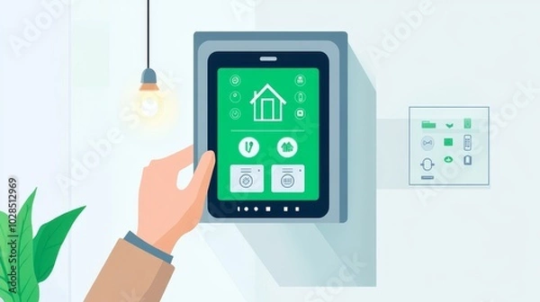 Fototapeta A hand operating a smart home tablet with green interface, showcasing modern technology and energy efficiency in home automation.