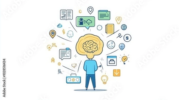 Fototapeta A creative illustration depicting a person with a brain, surrounded by various icons representing ideas and concepts.