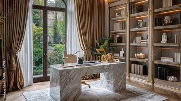 Fototapeta A refined Hollywood Regency home office with a sleek marble desk
