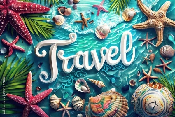Fototapeta Tropical Travel Background with Seashells and Starfish on Turquoise Leaves
