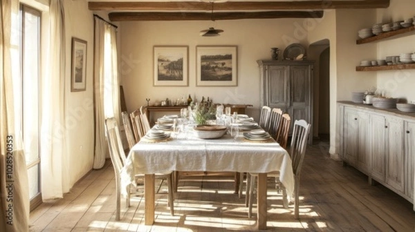Fototapeta A Rustic Farmhouse Dining Room with Set Table