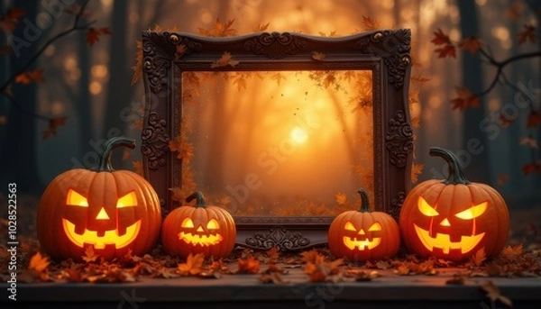 Fototapeta Halloween card with pumpkin art, cobweb in dark corner. Spooky greeting for October party, lantern on creepy house wall.