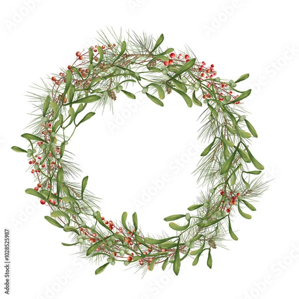 Fototapeta Mistletoe branches woven into a wreath Watercolor illustration in digital style. Spruce branches, red winter berries and white mistletoe berries, isolated on white background. Christmas and New Year
