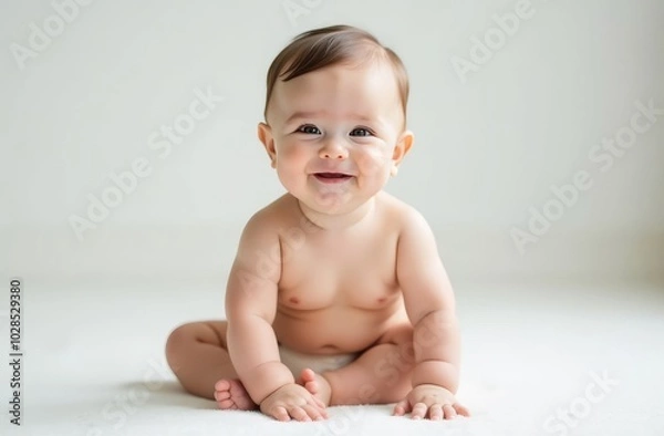 Fototapeta a happy child in diapers is sitting on the floor, a light background, free space for text
