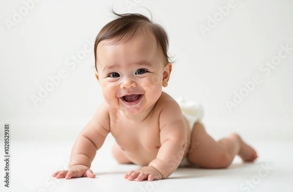 Fototapeta a happy child in diapers is sitting on the floor, a light background, free space for text