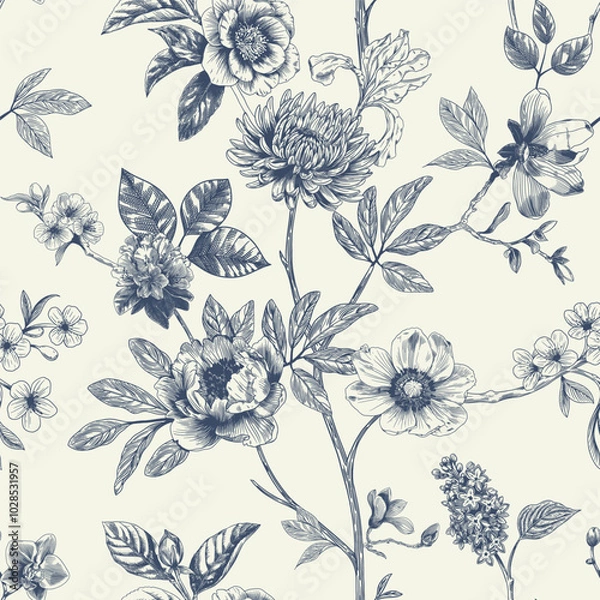 Fototapeta Adobe IllAbstract modern floral seamless pattern with hand drawn flower in Toile de jouy style. Retro elegance repeat print. Vintage design for fabric, wallpaper or wrappingustrator Artwork