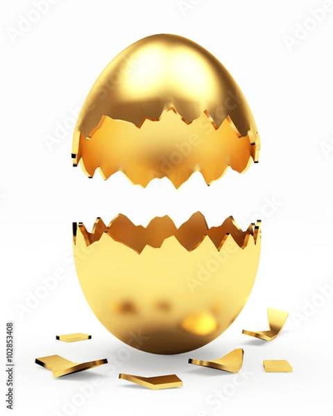 Obraz Broken golden Easter egg isolated on a white background 