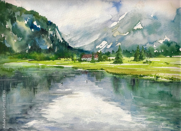 Obraz Summer landscape with mountain lake painted with watercolors