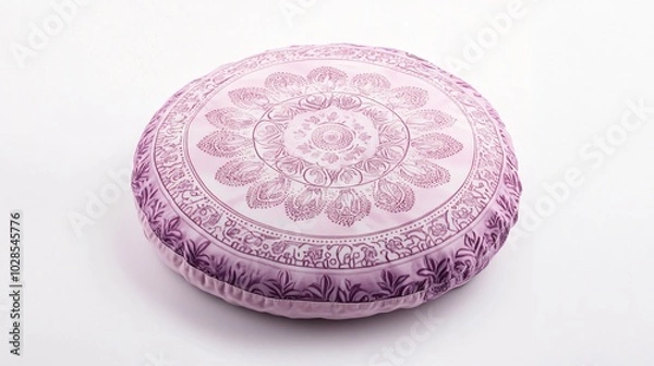 Fototapeta A round boho cushion with a mandala pattern, isolated on a pale lavender background with soft floral designs