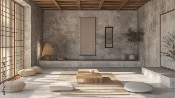 Fototapeta Serene Zen-Inspired Interior with Minimalist Decor, Tatami Mat, and Natural Light, Ideal for Meditation Spaces, Japanese-Inspired Design, and Tranquil Living Areas