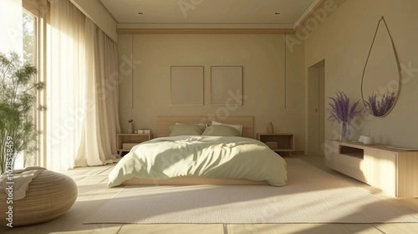 Fototapeta Tranquil Minimalist Bedroom with Natural Light, Soft Bedding, and Neutral Decor, Ideal for Modern Interior Design, Relaxing Home Spaces, and Cozy Retreats