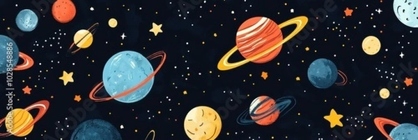 Fototapeta Celestial Harmony, a whimsical flat illustration pattern featuring planets, moons, and stars, creating a dreamy night sky atmosphere