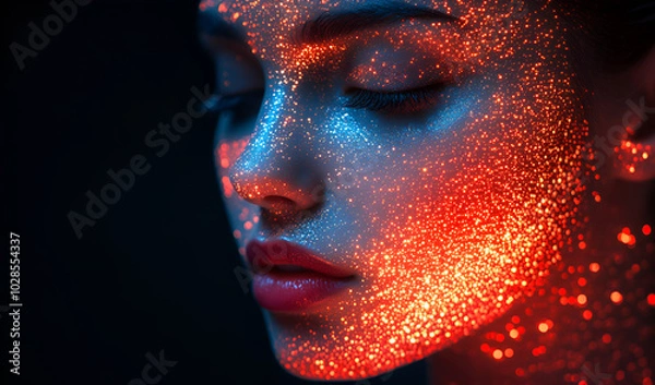 Fototapeta Artistic close-up of a woman's face illuminated by vibrant lights against a dark background showcasing shimmering details