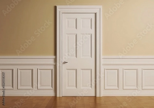 Obraz A classic interior door set in a paneled wall against a warm-toned background.
