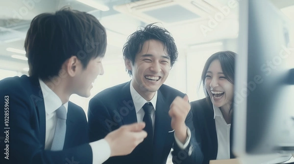 Fototapeta モニターを見て成功を喜ぶビジネスチーム